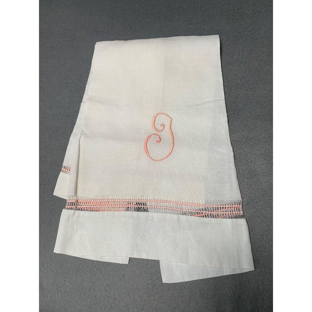 Vintage White Linen Hand Towel with Pink Embroidered Initial Monogram